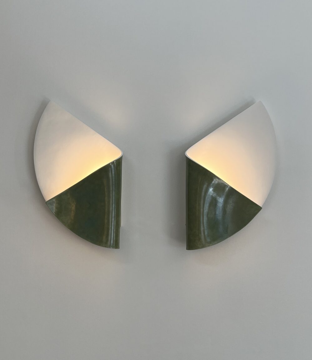 Olivia Barry By Hand pair of Wing Wall Lights Matt White inside with Satin Glaze outside